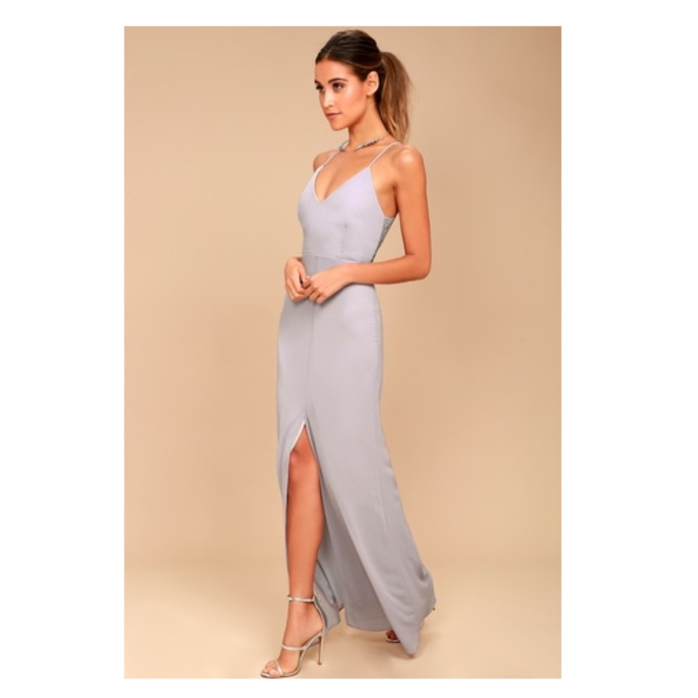 LULUS Story of a Starry Night Grey Lace Maxi Dress